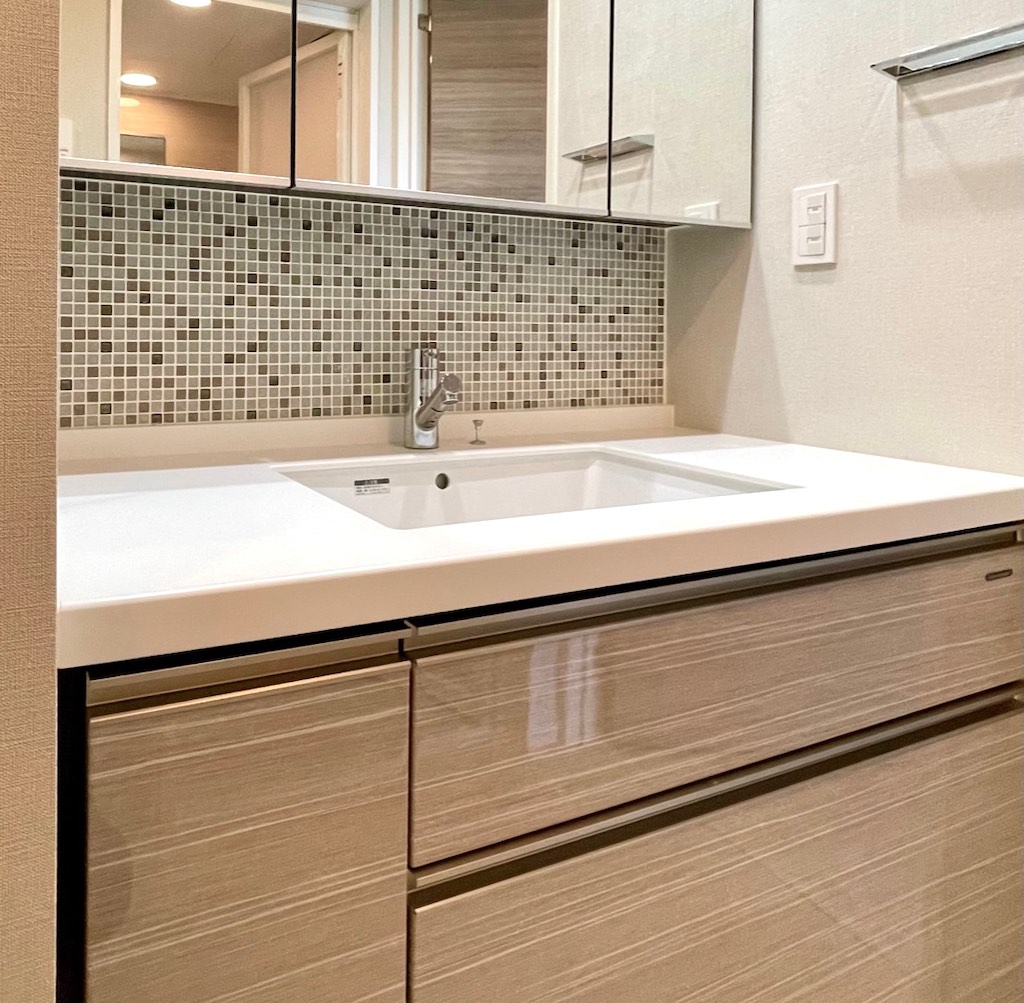 ザ・熊本ガーデンズ 2LDK パウダールームの洗面カウンターと3面鏡